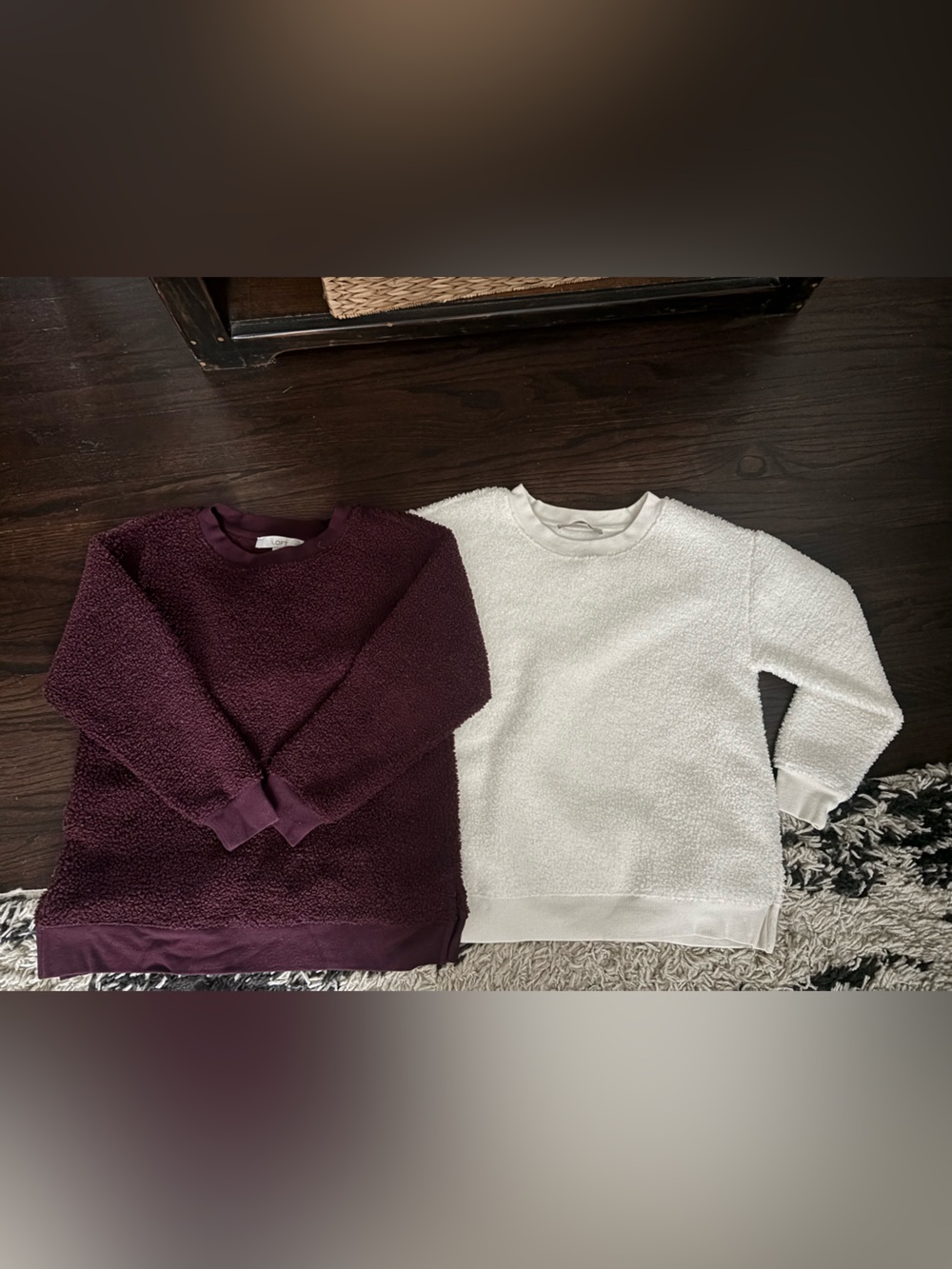 LOFT Plush Sherpa Crewneck Sweaters - Plum and White